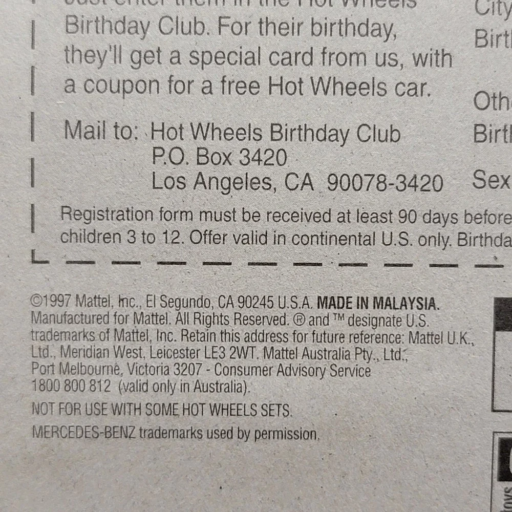 1998 Hot Wheels First Edition Mercedes SLK 11/40 (5 Hole Hub Wheels)